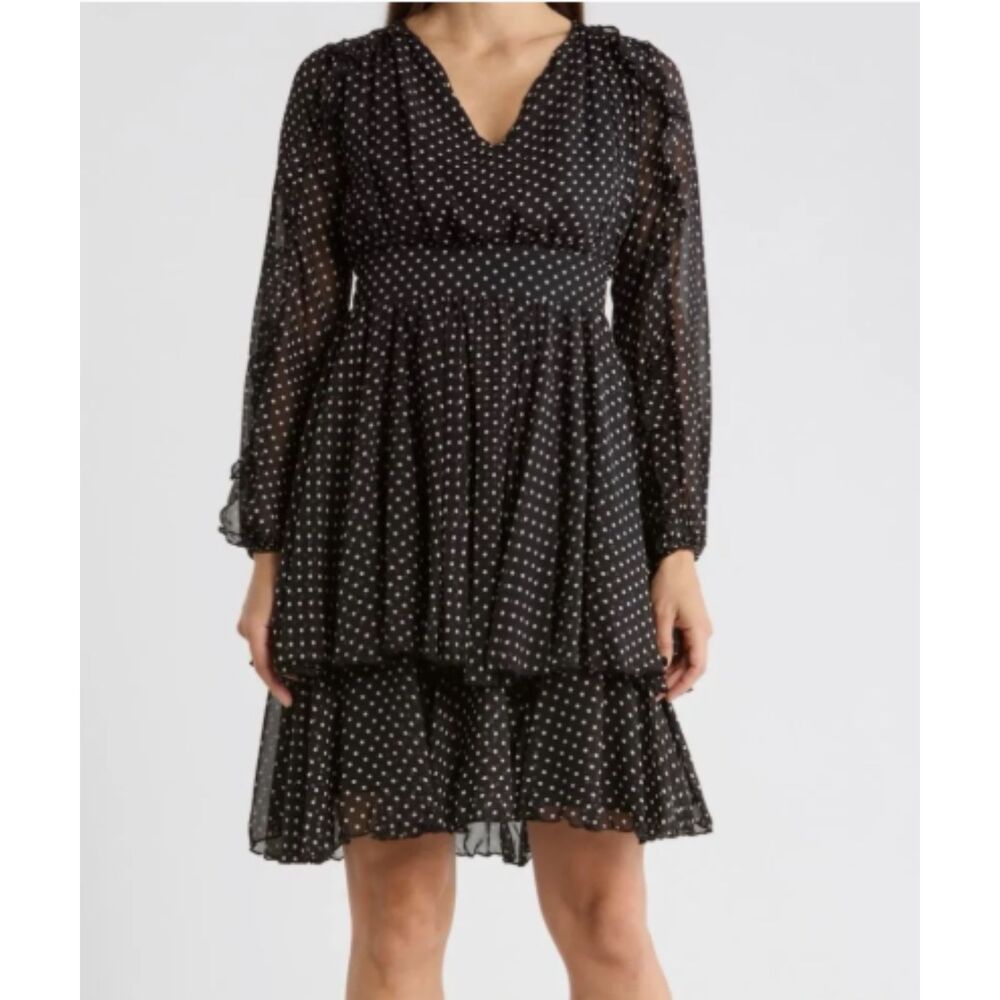 Elie Tahari The Sophia Dress Polka Dot Ruffle Chiffon Tiered Size 10 NWT
